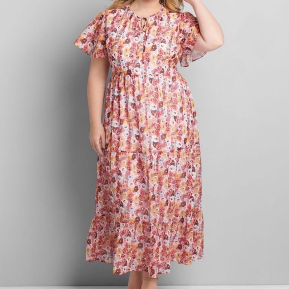 Lane Bryant Chiffon Ruffle-Hem Maxi Dress Perla Pansy Sz 18/20